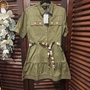 Desigual Olive Green Mini Dress with Floral Embroidery
